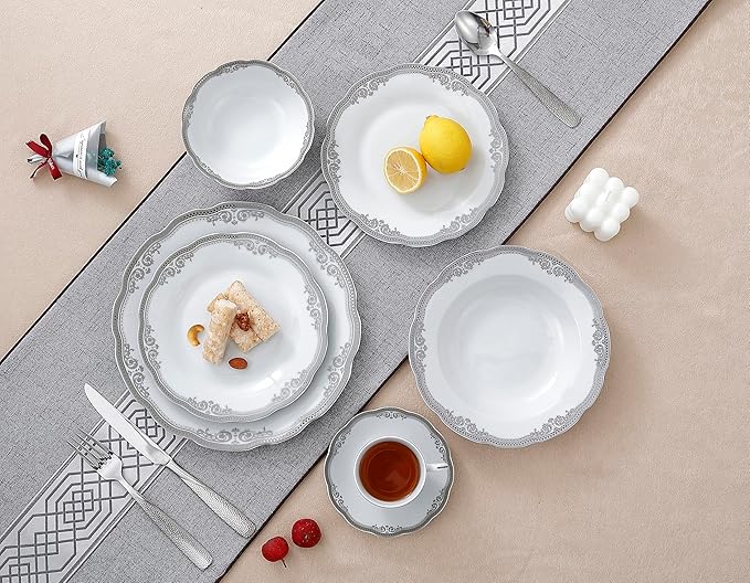 Lorren Home Trends Elizabeth-24 24 Piece Elizabeth Design Porcelain Wavy Edge Dinnerware Set, White