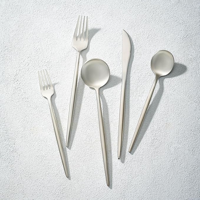 Vikko Decor Modern Silverware Set, Brushed Silver Flatware Set, 18/10 Stainless Steel, Elegant Long Handled Cutlery, Satin Matte Silverware for Upscale Dining, 20 Pc Set, Service for Four(4)