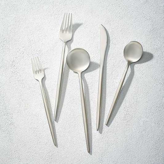 Vikko Decor Modern Silverware Set, Brushed Silver Flatware Set, 18/10 Stainless Steel, Elegant Long Handled Cutlery, Satin Matte Silverware for Upscale Dining, 20 Pc Set, Service for Four(4)