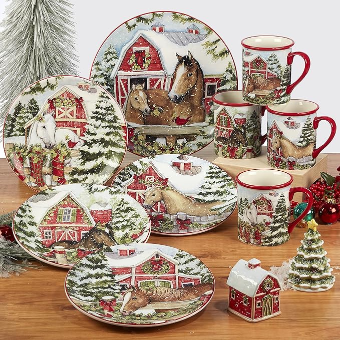 Homestead Christmas 16-Piece Dinnerware Set – Holiday Tableware for 4 with Festive Horse & Barn Scenes – Winter Ceramic Plates, Bowls & Mugs – Farmhouse Country Christmas Décor