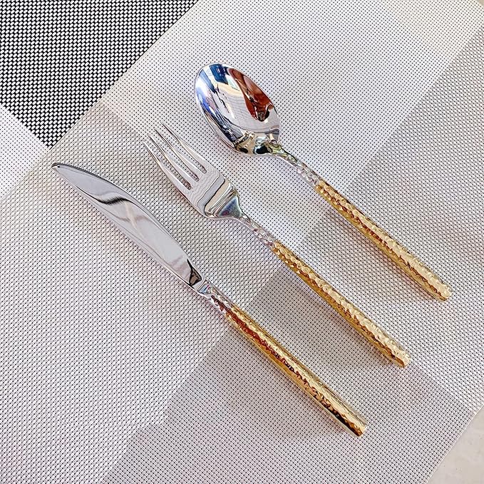 30 PCS Hammered Handle Gold Silverware Set for 6 Gold Utensils Set 18/8 Stainless Steel Flatware Curlery Set Mirror Effect Dishwasher Safe Wedding Banquet Formal Occasions ZILNEHZ