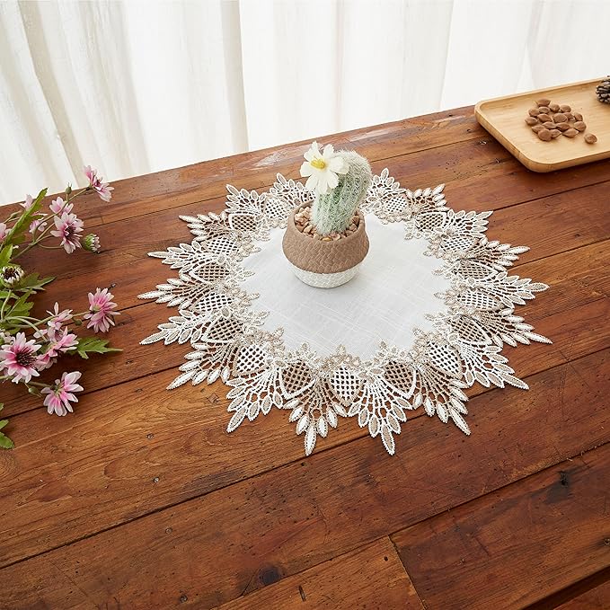 White Linen Doily 15 inches Round Neutral Earth Tones Beige Lace Coffee Table Topper Dresser Scarf Place Mats (White, 15” Round)