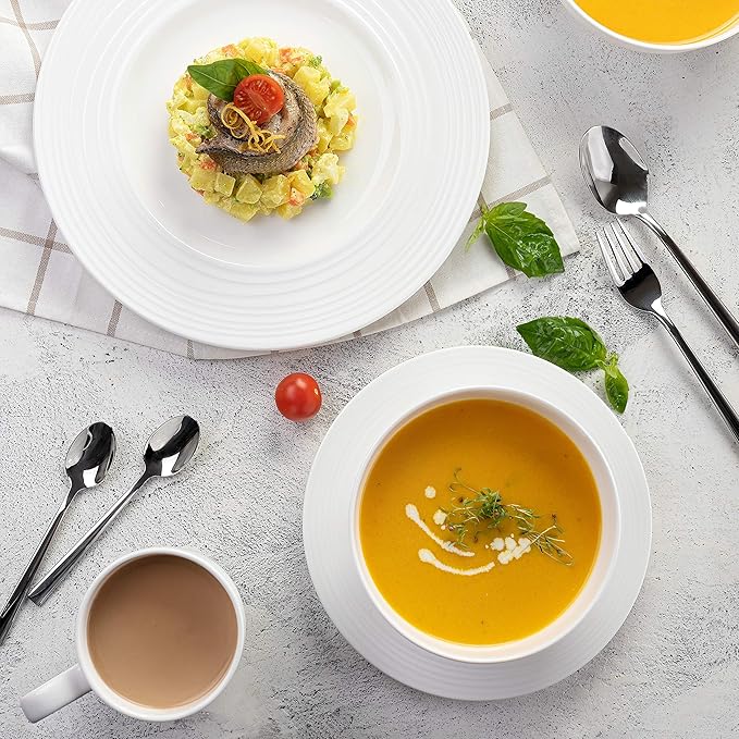 Divitis Home Infinity bone china dinnerware set - 16 piece round dinnerware set, includes soup bowls, dinner plates and salad plates