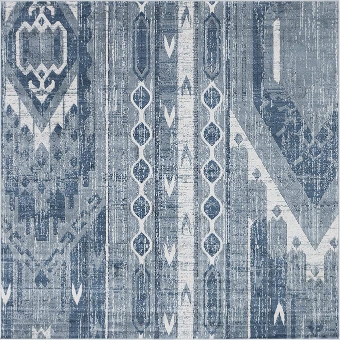 Rugs.com Oregon Collection Rug – 8 Ft Square Light Slate Blue Low-Pile Rug Perfect for Living Rooms, Kitchens, Entryways