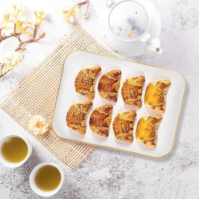 3 Pack Plastic Serving Trays for Party - White and Gold Serving Tray 8 by 11 in - Heavy Duty Dessert Trays for Food - Rectangular Party Serving Trays, Gold Platters