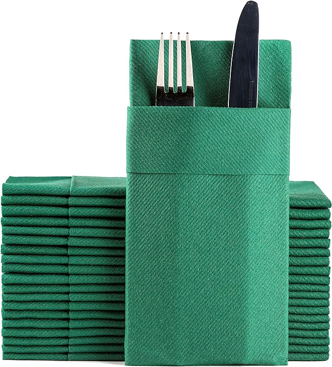 Green Dinner Napkins Cloth Like with Built-in Flatware Pocket, Linen-Feel Absorbent Disposable Paper Hand Napkins for Kitchen, Bathroom, Parties, Weddings, Dinners or Events, 1/8 Fold, Pack of 50