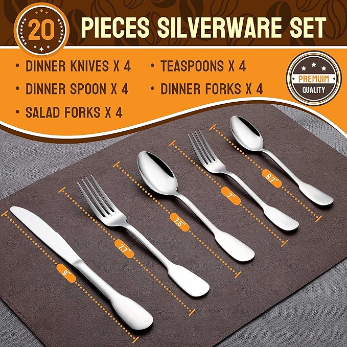 HaWare 18/10 Stainless Steel Flatware, 20-Piece Silverware Set for 4, Premium Cutlery Set for Home Restaurant, Include Knife Fork Spoon, Ergonomic Design Eating Utensils Tableware, Dishwasher Safe