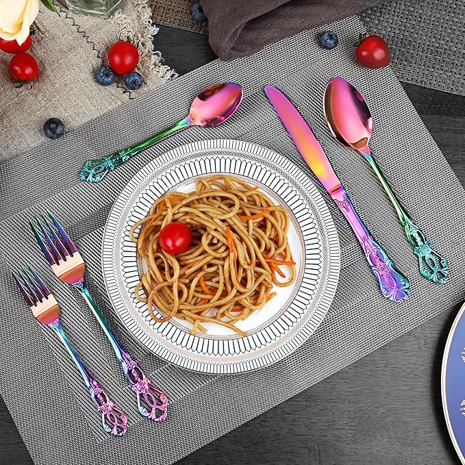 Silverware Set, 30 Pieces Retro Royal Silverware Set for 6, Baroque-style Stainless Steel Flatware Set Including Fork Spoon and Knife, Dishwasher Safe, Rainbow