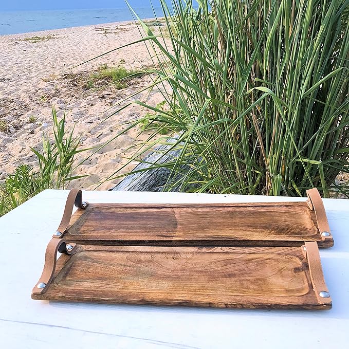Farmer's Market Serving Board Trays, Brown Leather Handles, Food Safe, Rectangle Shape, Sustainable Mango Wood, Metal, Rustic Design,18 and 15 Inches Long