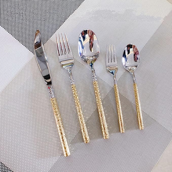 30 PCS Hammered Handle Gold Silverware Set for 6 Gold Utensils Set 18/8 Stainless Steel Flatware Curlery Set Mirror Effect Dishwasher Safe Wedding Banquet Formal Occasions ZILNEHZ