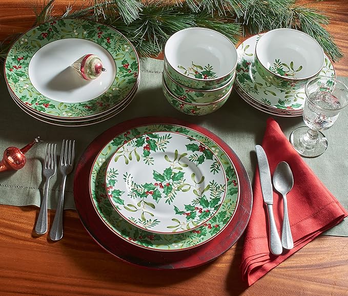 222 Fifth Christmas Foliage 12-Piece Porcelain Dinnerware Set for 4 - Glossy White Plates and Bowls Sets with Green Holly and Berry Design, Durable Ceramic Dish Set for Holiday Dining, Elegant Dishes
