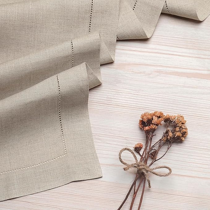 D'Moksha Homes Linen Natural Table Runner 72 Inches Long - 100% Pure Linen Hemstitch Table Runner 14 x 72 Inch for Dresser, Dining, Winter, Christmas, Holiday, New Year - Classic Hemstitch