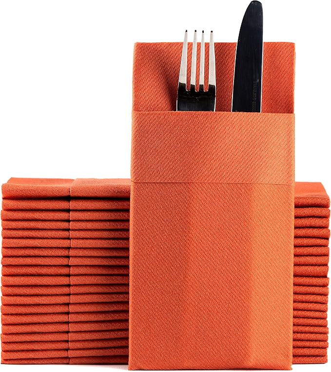 Terracotta Dinner Napkins Cloth Like with Built-in Flatware Pocket, Linen-Feel Absorbent Disposable Paper Hand Napkins for Kitchen, Bathroom, Parties, Weddings or Events, 16x16 inches, Pack of 50