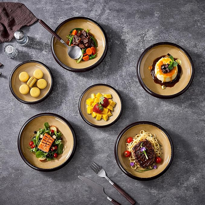 Ceramic Pasta Bowls Set of 4, 8 Inch Porcelain Salad Bowl Serving Plates, Stoneware Dinner Plates Set for 4, Handmade Round Dishes for Home Decor, Microwave,Oven,and Dishwasher Safe, Yellow