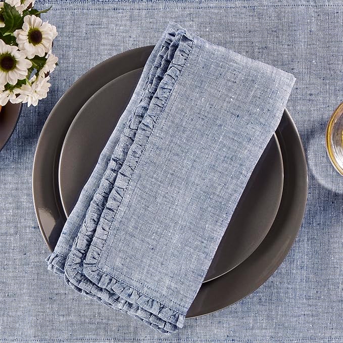 Solino Home Chambray Indigo Linen Dinner Napkins 20 x 20 Inch - 100% Pure Linen Juliette Ruffle Cloth Napkins Set of 4 - Handcrafted and Machine Washable