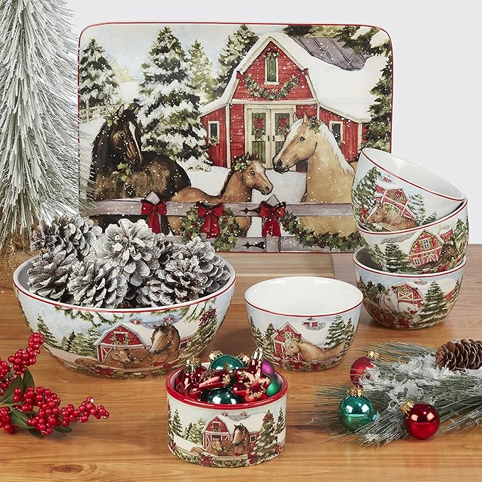 Homestead Christmas 16-Piece Dinnerware Set – Holiday Tableware for 4 with Festive Horse & Barn Scenes – Winter Ceramic Plates, Bowls & Mugs – Farmhouse Country Christmas Décor