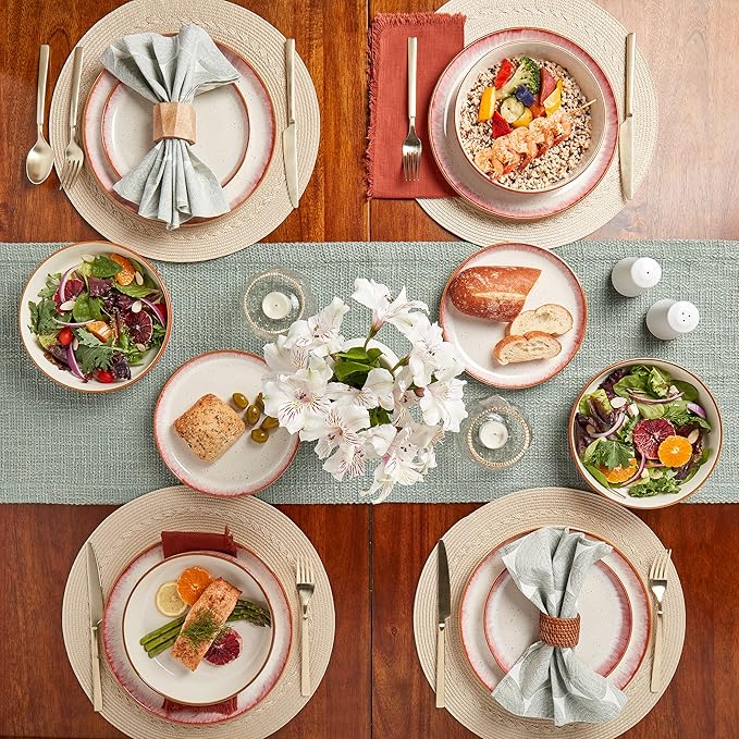 Tabletops Gallery Speckled Farmhouse Collection- Stoneware Dishes Service for 4 Dinner Salad Appetizer Dessert Plate Bowls, 12 Piece Hanover Dinnerware Set in Berry