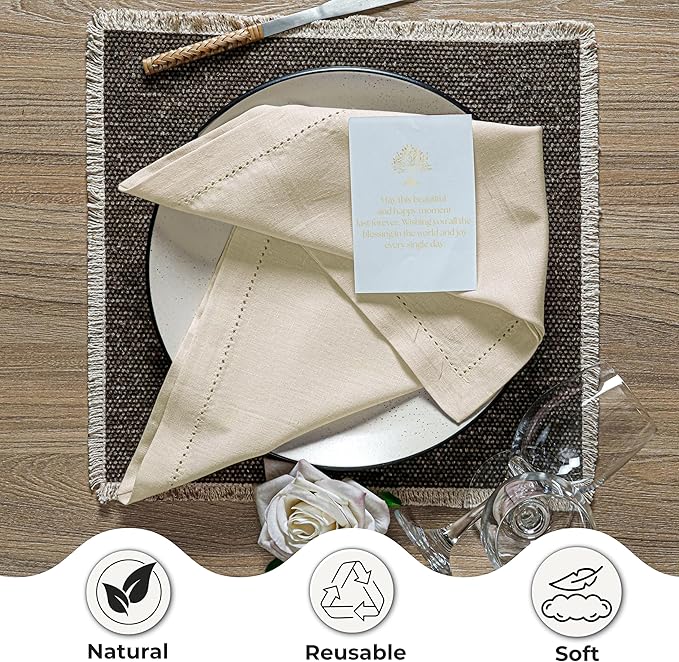 Ramanta Home Cloth Dinner Napkins in Cotton Flax Fabric with Hemstitched & Tailored Mitered Corner Finish Size 20x20 inch Set of 12