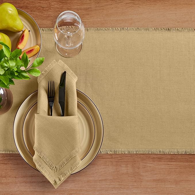 Solino Home Fringe Linen Cloth Napkins Set of 4-100% Pure Linen Kelp Dinner Napkins 20 x 20 Inch for Christmas, Holiday, New Year - Handcrafted and Machine Washable