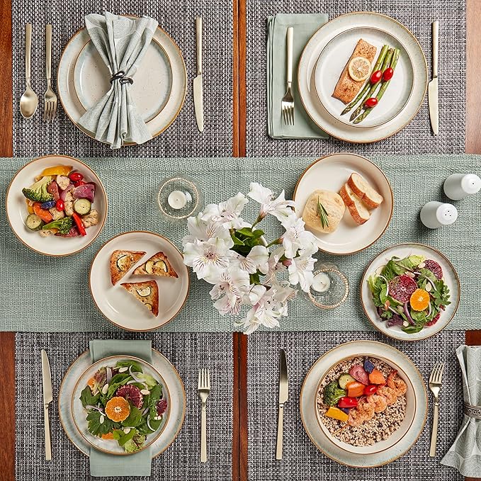 Tabletops Gallery Speckled Farmhouse Collection- Stoneware Dishes Service for 4 Dinner Salad Appetizer Dessert Plate Bowls, 12 Piece Hanover Dinnerware Set in Teal