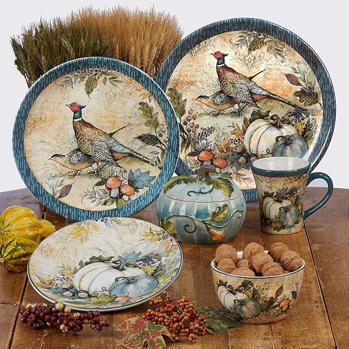Harvest Gatherings 16-Piece Ceramic Dinnerware Set, Service for 4 – Multicolor Fall Plates, Bowls & Mugs with Pumpkin & Pheasant Design – Autumn Tableware for Thanksgiving, Cabin & Holiday Hosting