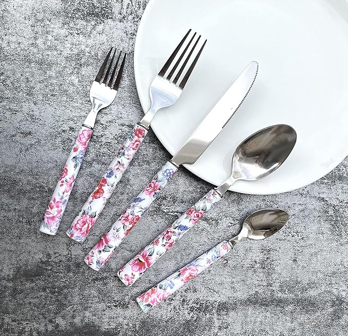 Elegant Peony Flower 20-Piece Stainless Steel Flatware Set – Durable, Modern Cutlery set, Service for 4 People, Perfect for Home, Weddings, Parties, and Everyday Use (Plastic Handle, Dishwasher Safe)
