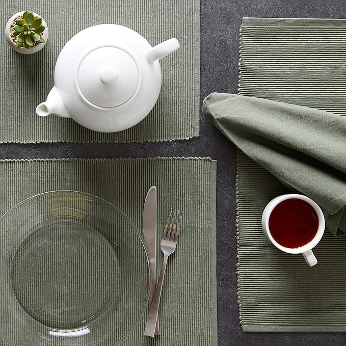 DII Basic Everyday Ribbed Tabletop 100% Cotton, Placemat Set, 13x19, Artichoke, 6 Piece