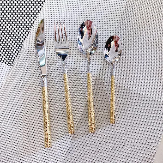 5-PCS Gold Silverware Set for 1 Hammered Handle Gold Utensils Set 18/8 Stainless Steel Flatware Curlery Set Mirror Effect Dishwasher Safe Wedding Banquet Formal Occasions ZILNEHZ