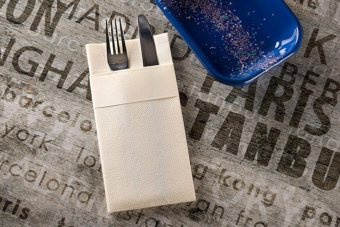 Ivory Dinner Napkins Cloth Like with Built-in Flatware Pocket, Linen-Feel Absorbent Disposable Paper Hand Napkins for Kitchen, Bathroom, Parties, Weddings, Dinners or Events, 16x16 inches, Pack of 50