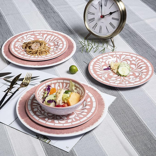 Melamine Dinnerware Sets - 12 Pcs Plates and Bowls Set,Unbreakable Dinner Dishes Set for 4,Lightweight, Dishwasher Safe, BPA Free,Indoor Outdoor use, Pink