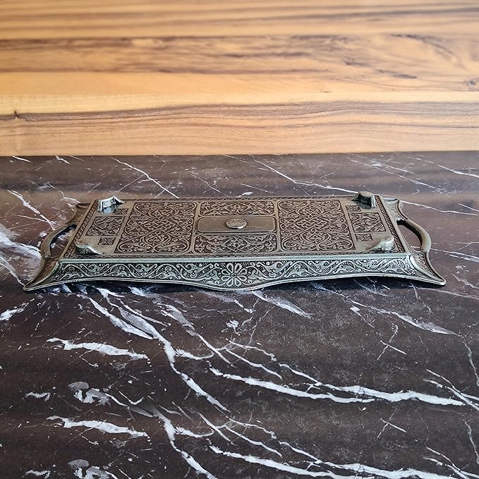 Metal Serving Tray with Raised Edges, Vintage Design Tray, Rectangular Metal Serving Tray, Decorative Serving Platter, Turkish Ottoman Coffee Tea Beverage Serving Square Tray (Smoke Gray)