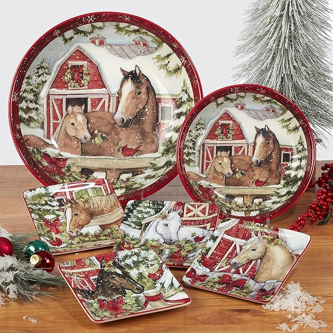 Homestead Christmas 16-Piece Dinnerware Set – Holiday Tableware for 4 with Festive Horse & Barn Scenes – Winter Ceramic Plates, Bowls & Mugs – Farmhouse Country Christmas Décor