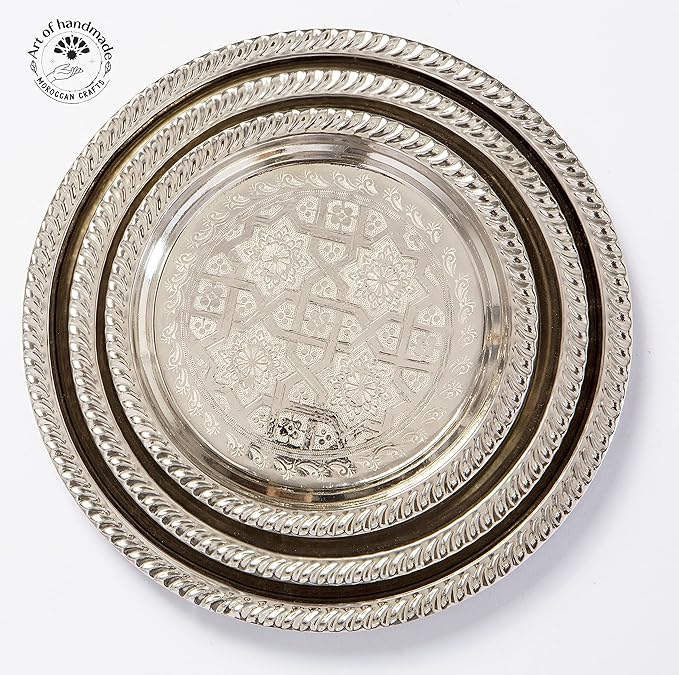 Moroccan Tea Tray Serving Cocktail Silver Handmade Fez Small Or Large Round (9/11/13/15 Inches) (9 Inches)