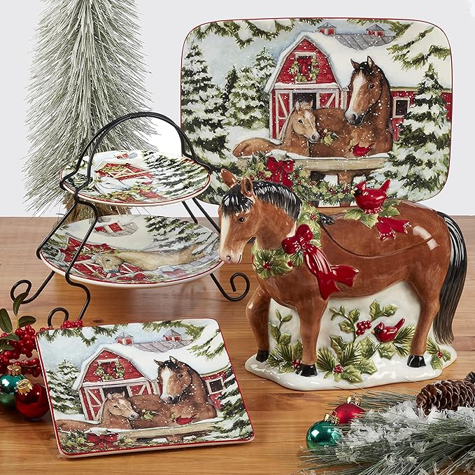 Homestead Christmas 16-Piece Dinnerware Set – Holiday Tableware for 4 with Festive Horse & Barn Scenes – Winter Ceramic Plates, Bowls & Mugs – Farmhouse Country Christmas Décor