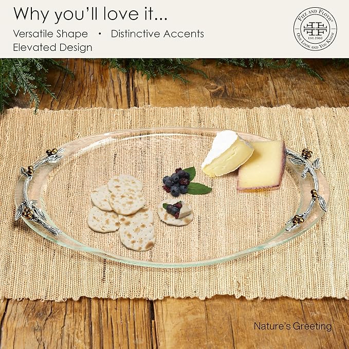 Fitz and Floyd Nature's Greeting Glass Serve Decorative Tray, 14 x 9.75 x 1.25 Inch