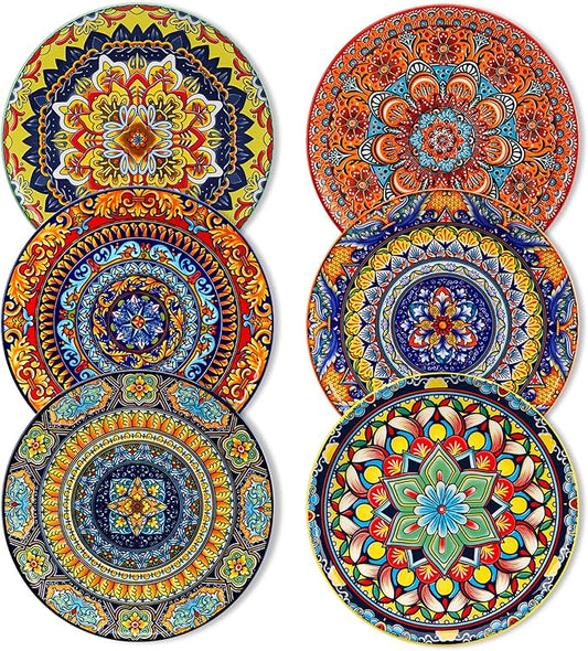 vancasso Bohemian Dessert Plates Set of 6, 8.5 Inch Ceramic Salad Plates, Boho Small Dinner Plates, Colorful Printed Kitchen Plate for Breakfast, Microwave & Dishwasher Safe Dishes, Series KRVI