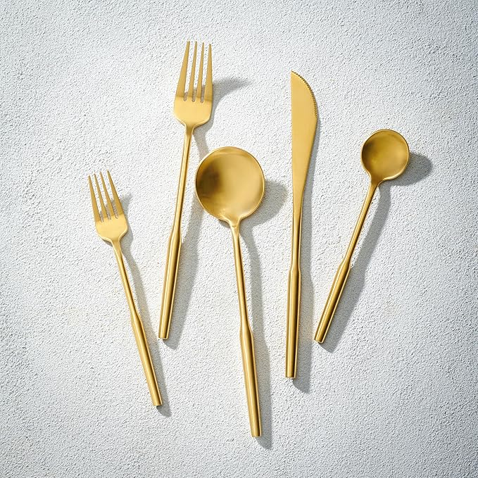 Vikko Modern Gold Silverware Set: Unique Brushed Gold Flatware Set - Satin Matte - 18/10 stainless steel flatware For Upscale Dining and Entertaining- 20 Piece Cutlery Set - Service for Four (4)