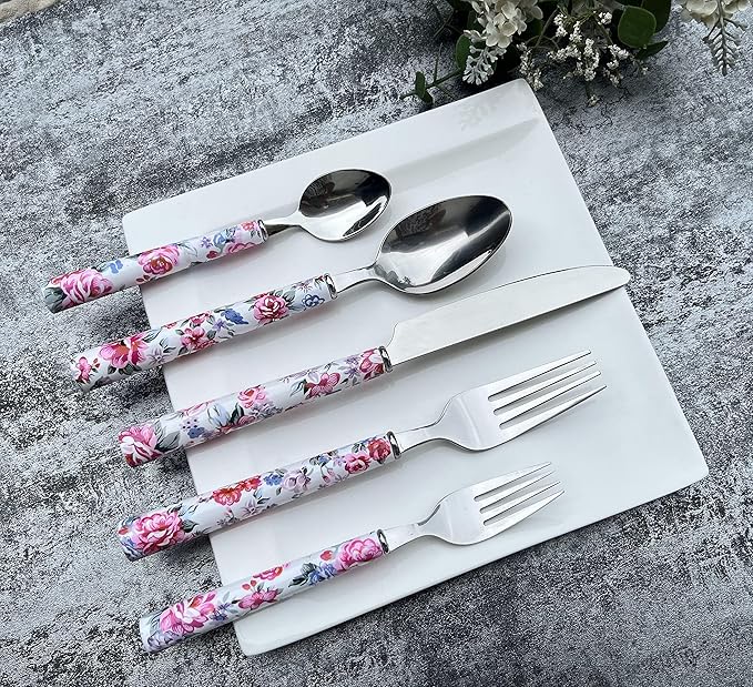 Elegant Peony Flower 20-Piece Stainless Steel Flatware Set – Durable, Modern Cutlery set, Service for 4 People, Perfect for Home, Weddings, Parties, and Everyday Use (Plastic Handle, Dishwasher Safe)