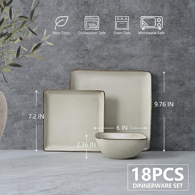 E-far Square plates and bowls Sets for 6, 18-Piece Reactive Glaze Stoneware Dinnerware Sets, Porcelain Dishware Sets for Kitchen Home, Microwave & Dishwasher Safe, Sandy Beige