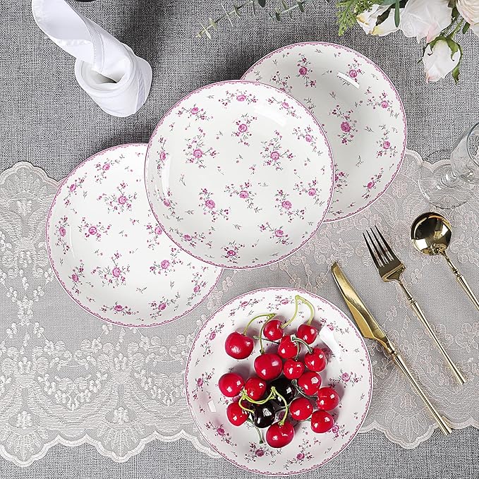 fanquare 8 Inch Porcelain Salad Bowls Set of 4, Round Floral Plates Set for Soup, Pasta, Dessert, Fruit