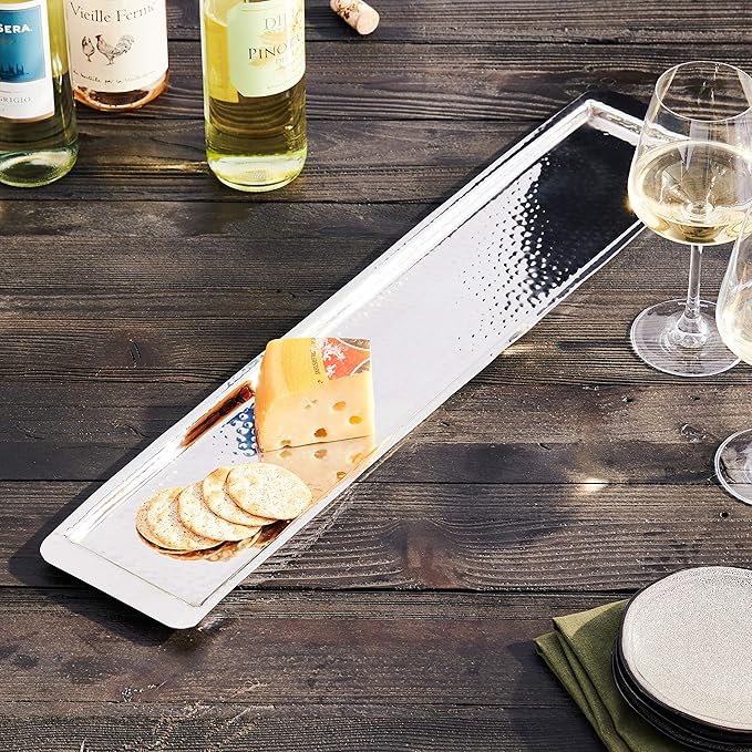 Elegance Stainless Steel Hammered Rectangular Tray, Large, 25.5 by 5.5-Inch, Silver