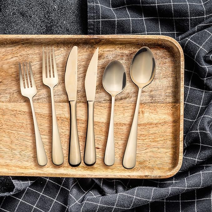 EVOLVE 18/8 Stainless Steel Silverware Set for 4 - Complete 24 Piece Flatware Cutlery Set - Elegant and Ergonomic Design- Dishwasher Safe -Stylish & Mirror Finish, Rust-Proof Utensil Sets. (Champagne)