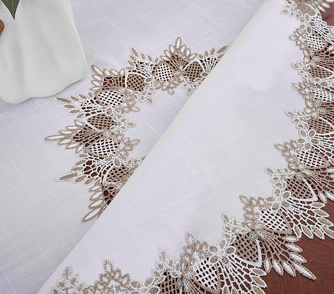 White Linen Decorative Lace Doily 33 inches Round Neutral Earth Tones Beige Lace Coffee Table Topper Dresser Scarf Place Mats (White, 33”Round)