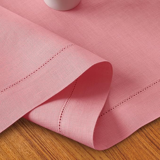 D'Moksha Homes Linen Dusty Pink Table Runner 48 Inches - Classic Hemstitch, 100% Pure Linen Coffee Table Runner 14 x 48 Inch Ideal for Dresser Tables - Winter, Christmas, Holiday, New Year
