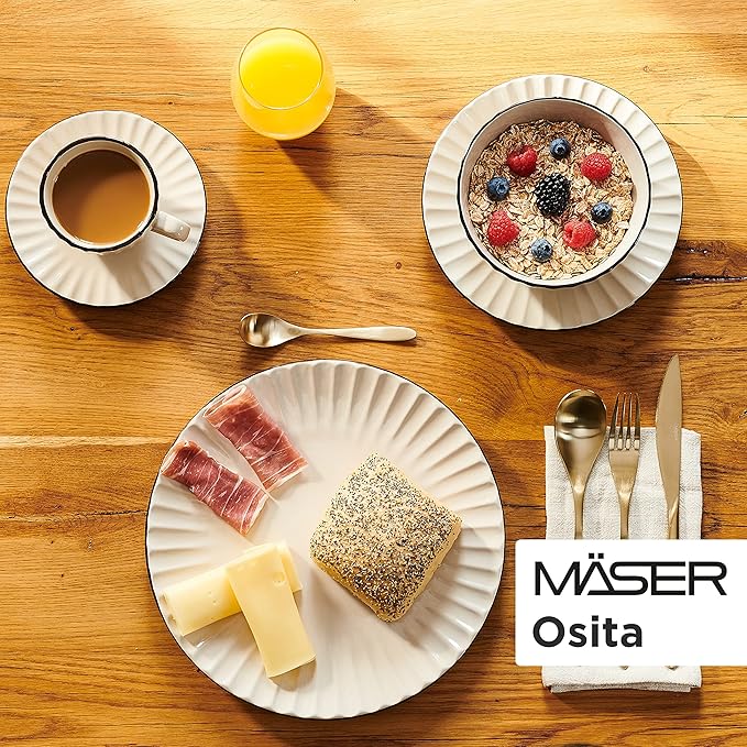 MÄSER Osita Retro 931967 Series Dinner Service for 6 People with Wave Shape, 18-Piece Round Tableware Set with Dinner Plate, Dessert Plate and Cereal Bowl, Dinnerware Set, Stoneware, Cream White