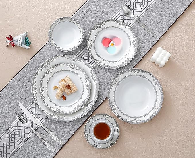 Lorren Home Trends Victoria-24 24 Piece Victoria Design Porcelain Wavy Edge Dinnerware Set, White