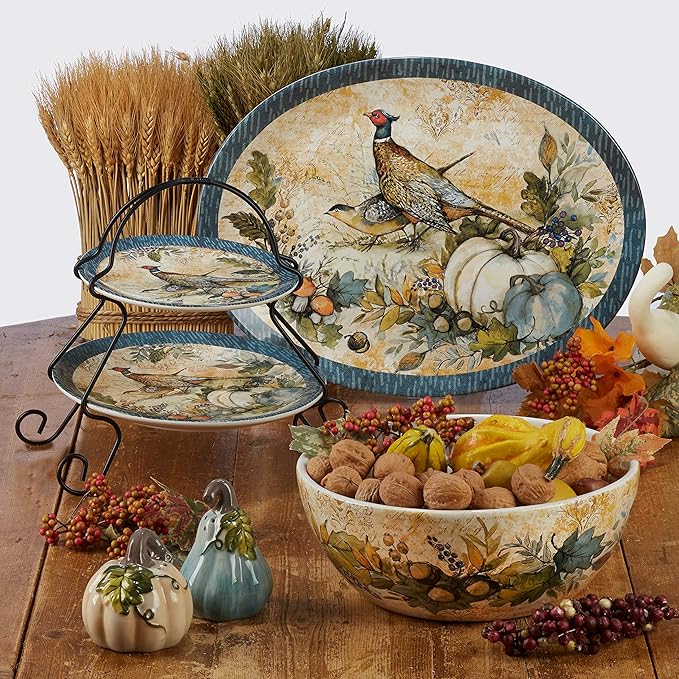 Harvest Gatherings 16-Piece Ceramic Dinnerware Set, Service for 4 – Multicolor Fall Plates, Bowls & Mugs with Pumpkin & Pheasant Design – Autumn Tableware for Thanksgiving, Cabin & Holiday Hosting