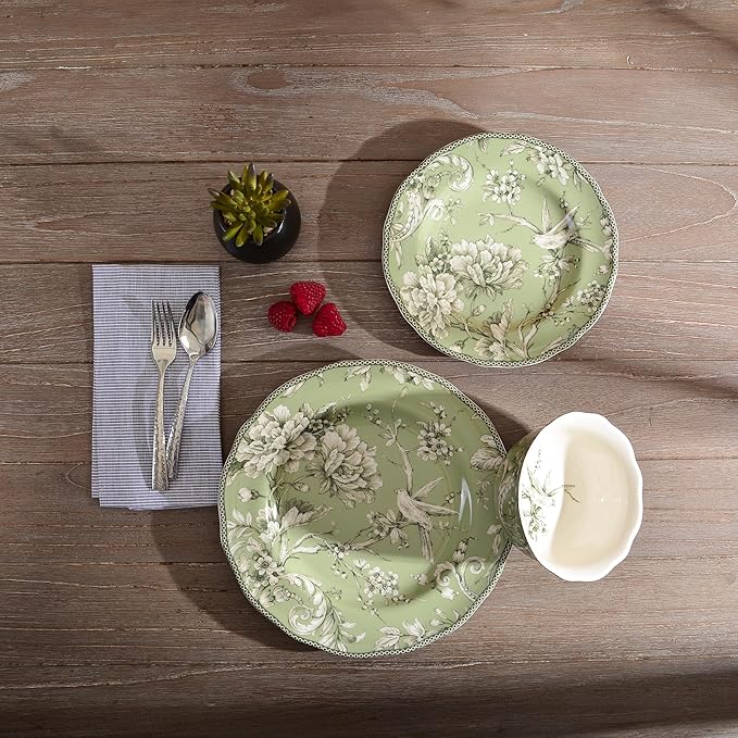 222 Fifth Adelaide Sage Porcelain 12-Piece Dinnerware Set – Service for 4, Includes Dinner Plates, Salad Plates & Cereal Bowls, Durable Porcelain, Dishwasher Safe, for Everyday Dining & Entertainment