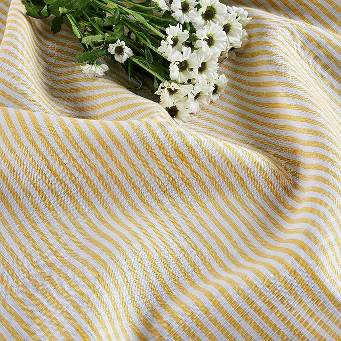 Solino Home Linen Cloth Placemats Set of 4 - Narrow Stripe 100% Pure Linen Spicy Mustard and White Farmhouse Placemats 14 x 19 Inch