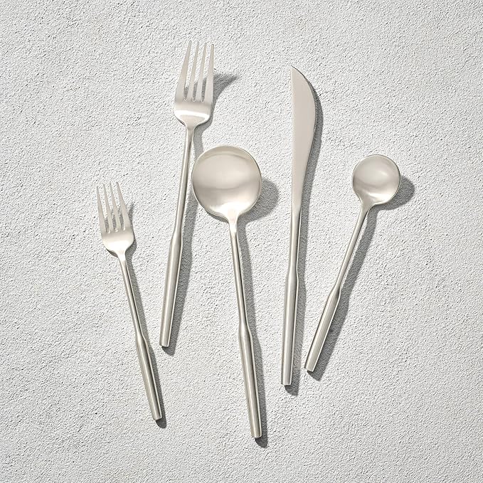 Vikko Dine Modern Silverware Set: Unique Brushed Stainless Flatware Set - Satin Matte - 18/10 stainless steel flatware For Upscale Dining and Entertaining - 20 Piece Cutlery Set - Service for Four (4)
